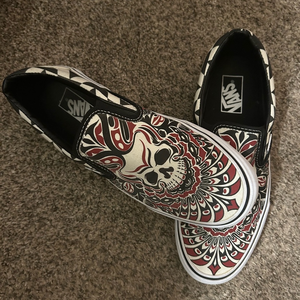 Vans Red and Black Skull Design Slip-Ons